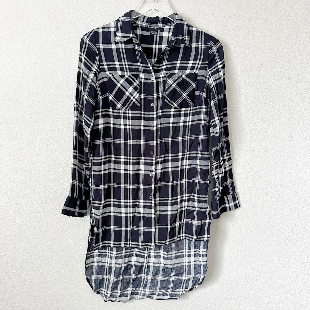 Cotton Express Black White Plaid Longline Button Down Shirt Size M